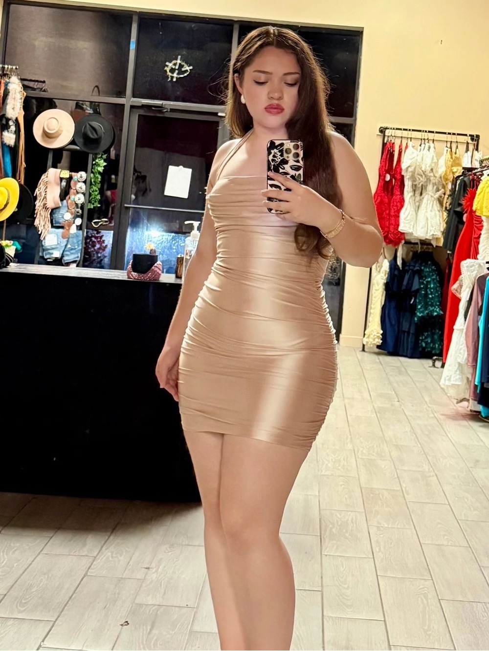 Sleek Nude Ruched Bodycon Mini Dress
